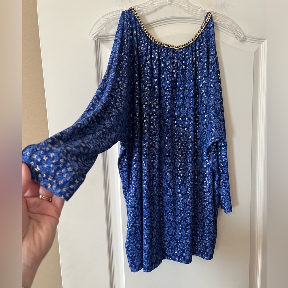 MICHAEL Michael Kors Blue with Gold Chain-Detail Women's Blouse Size Large